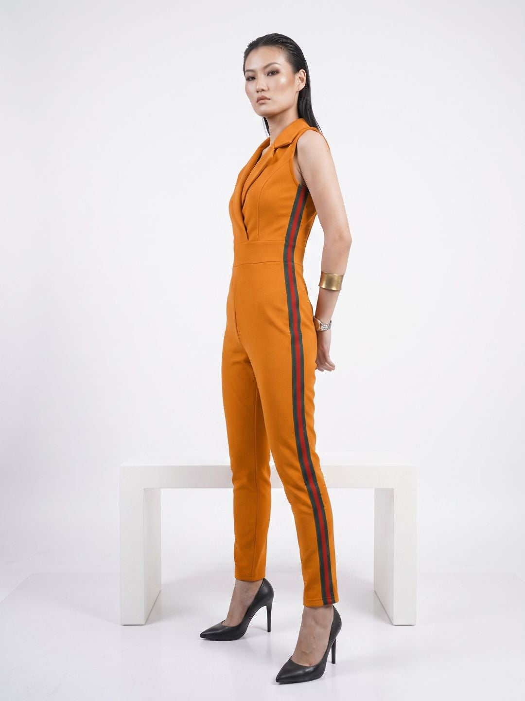 SIDE STRIPED JUMPSUIT MUSTARD