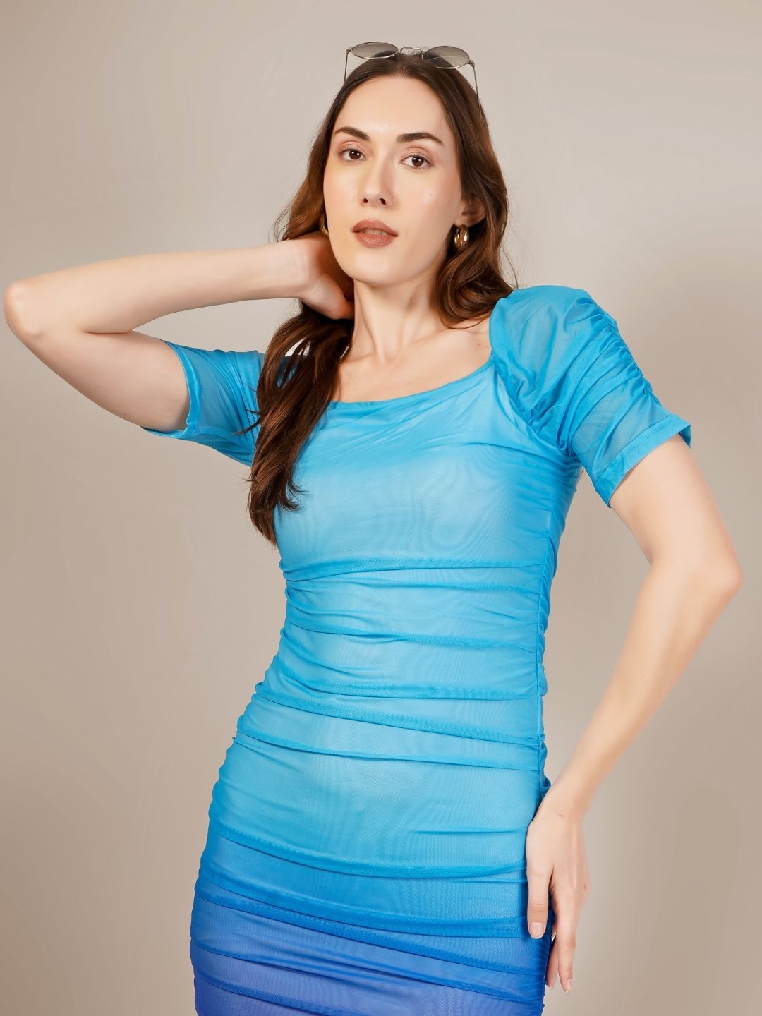GRADIENT RUCHED COCKTAIL MIDI DRESS