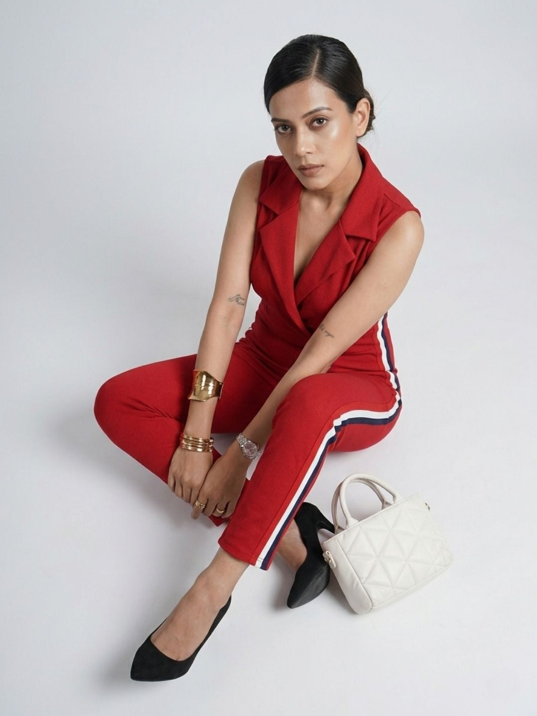 SIDE STRIPED JUMPSUIT RED