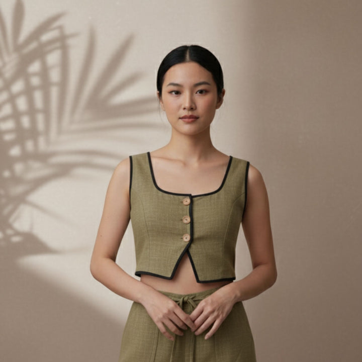 CONTRAST PIPED VEST CROP TOP