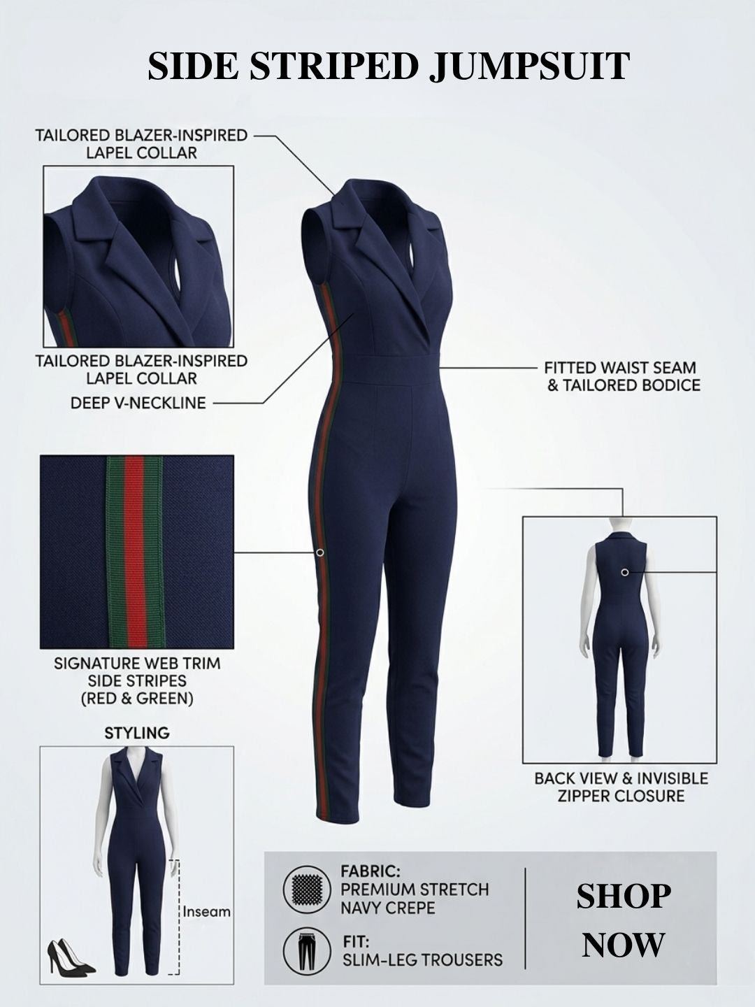 SIDE STRIPED JUMPSUIT NAVY BLUE