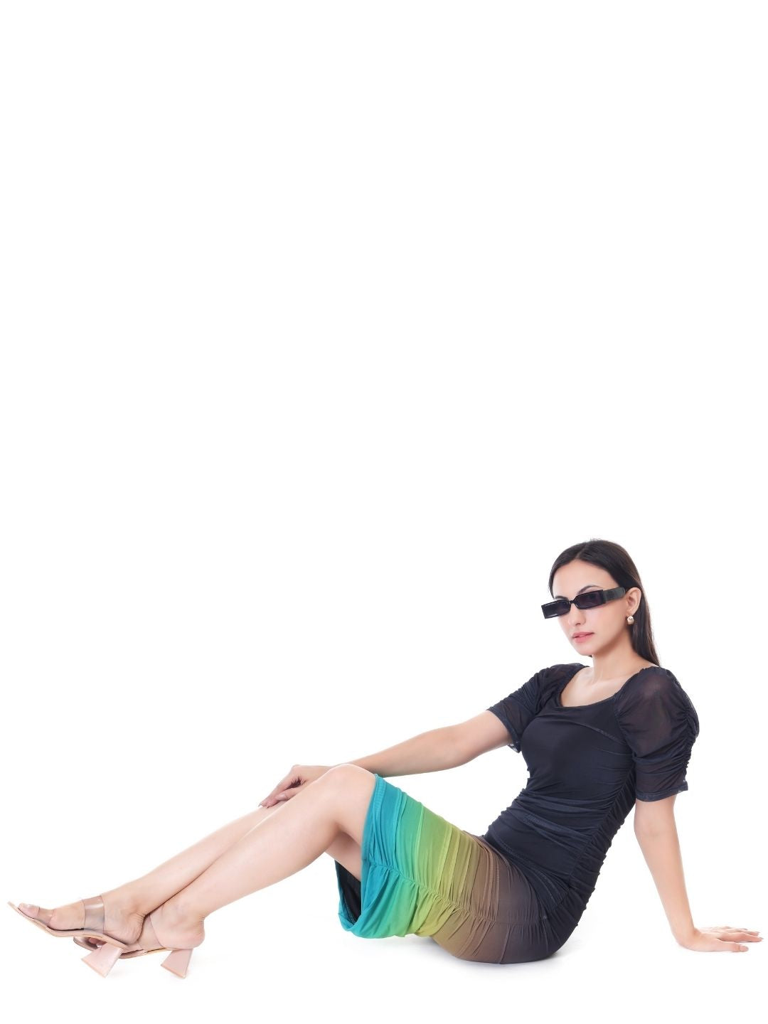 GRADIENT RUCHED COCKTAIL MIDI DRESS