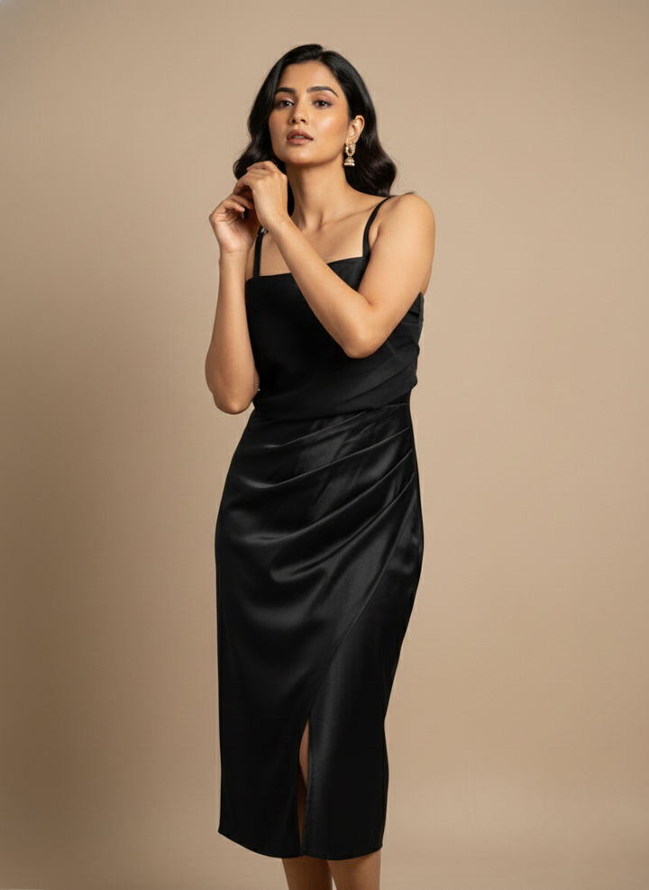 DRAPED SATIN MIDI DRESS