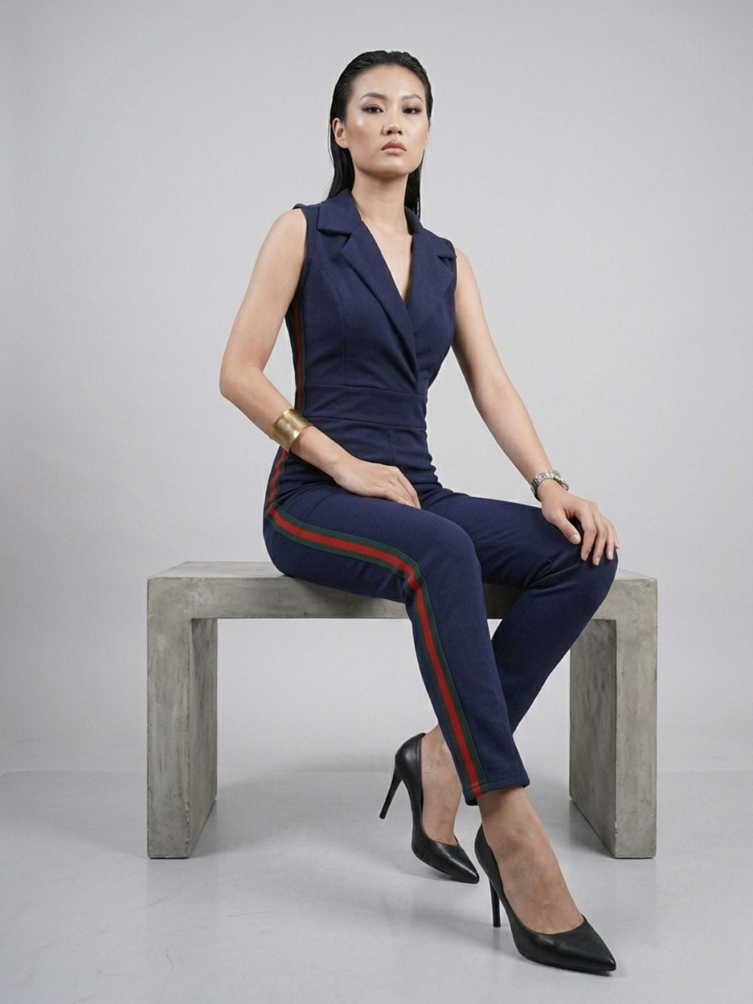 SIDE STRIPED JUMPSUIT NAVY BLUE