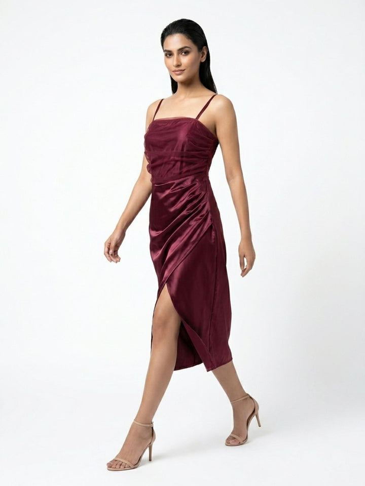 SATIN STRAPPY MIDI DRESS
