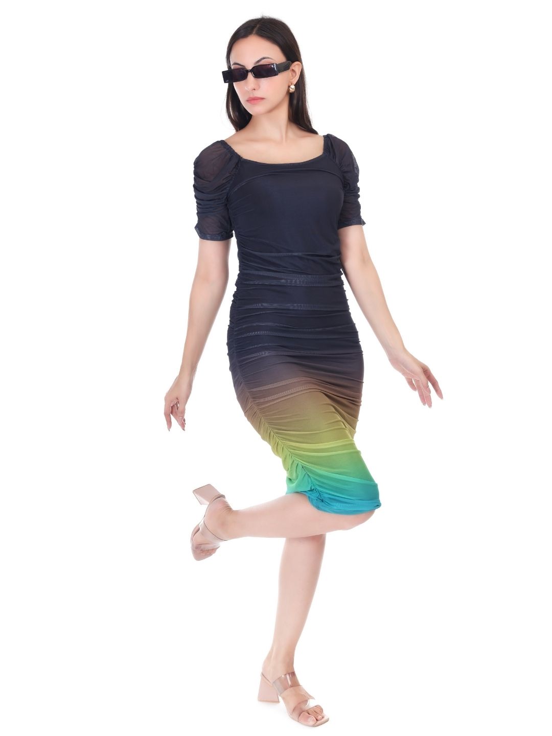 GRADIENT RUCHED COCKTAIL MIDI DRESS