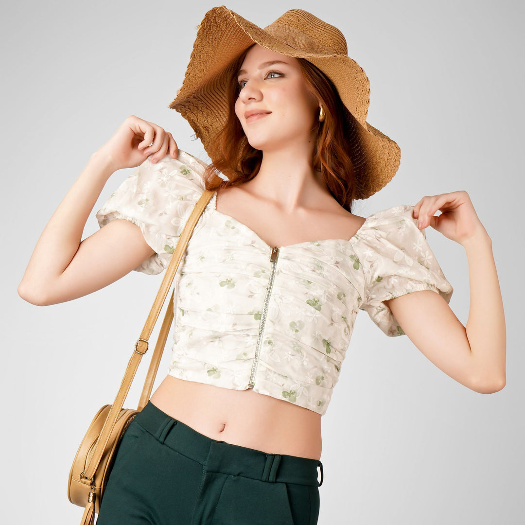 FLORAL PRINT CENTER ZIP CROP TOP