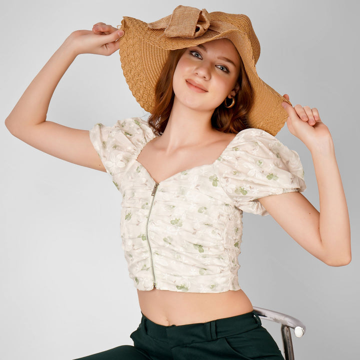 FLORAL PRINT CENTER ZIP CROP TOP