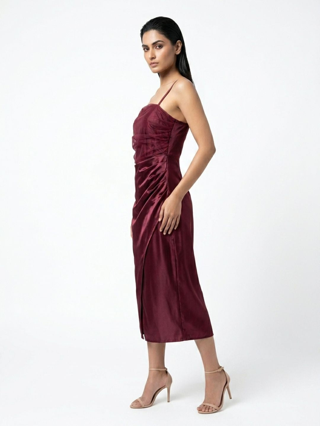 SATIN STRAPPY MIDI DRESS