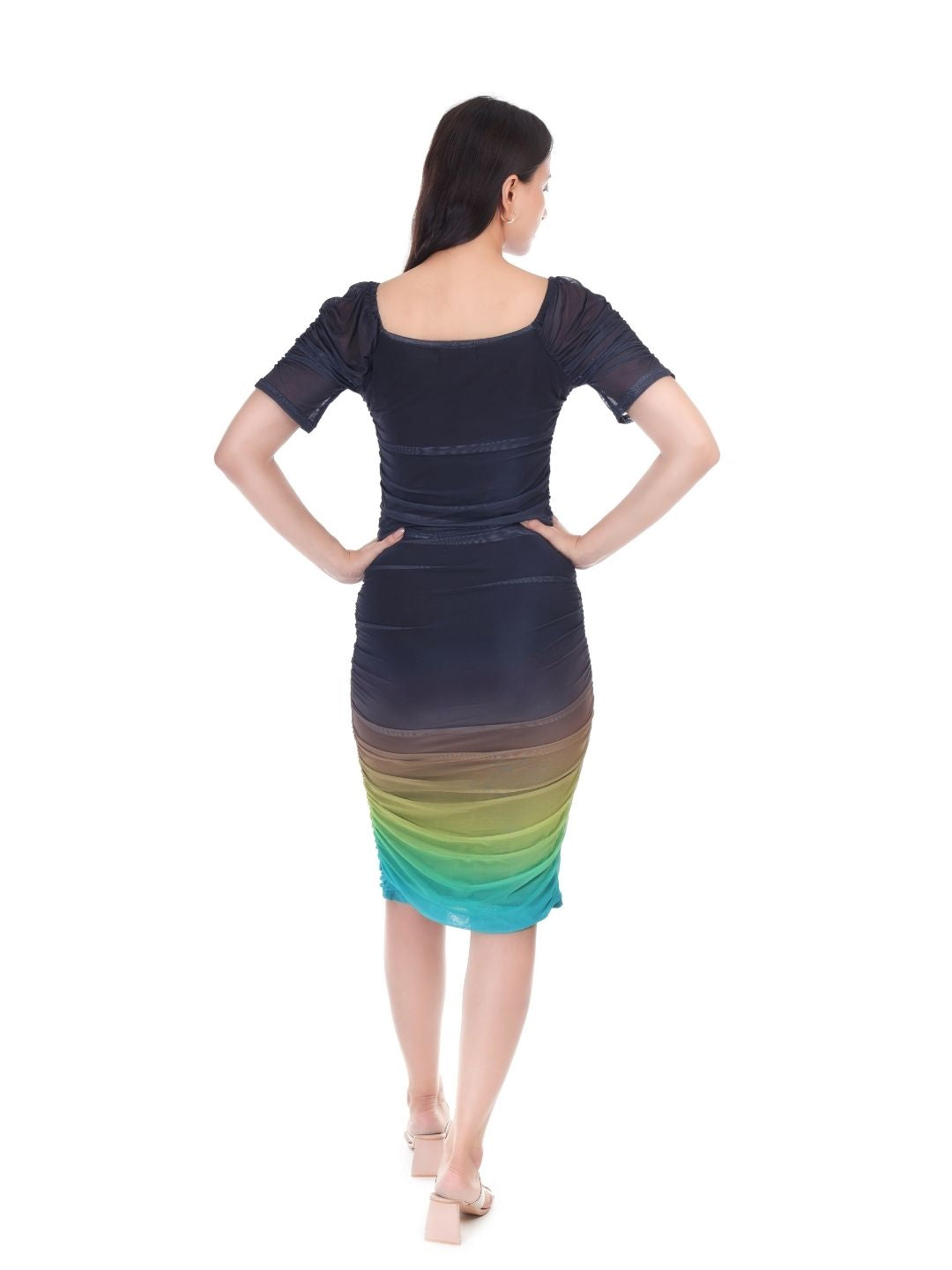 GRADIENT RUCHED COCKTAIL MIDI DRESS