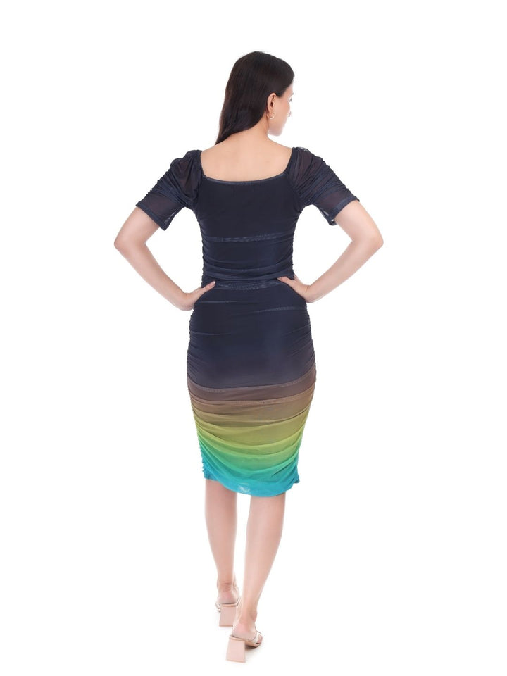 GRADIENT RUCHED COCKTAIL MIDI DRESS
