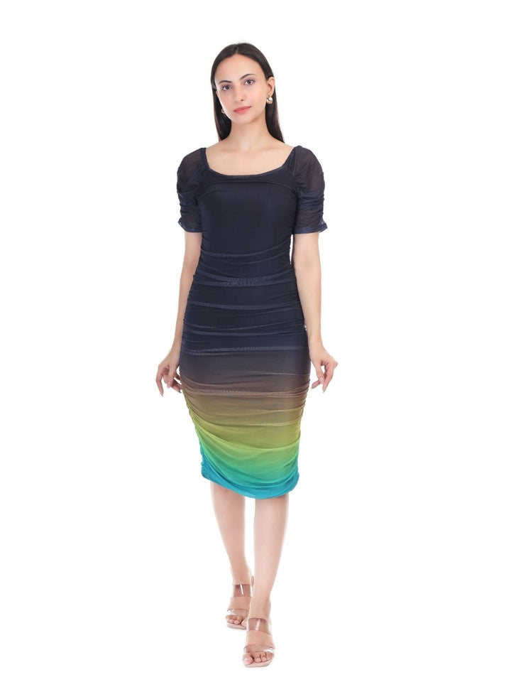 GRADIENT RUCHED COCKTAIL MIDI DRESS