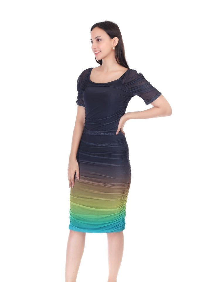 GRADIENT RUCHED COCKTAIL MIDI DRESS