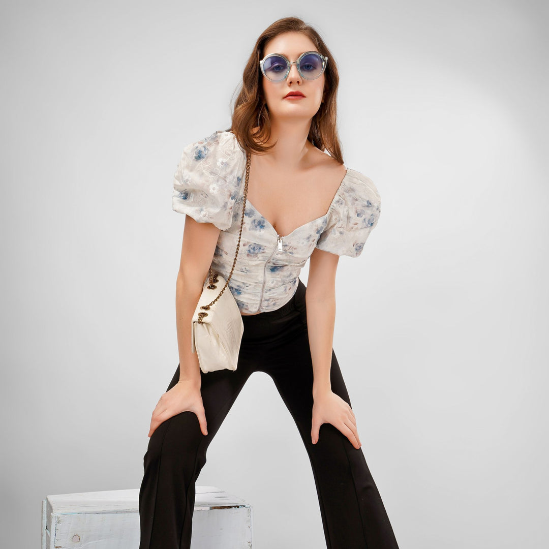 FLORAL PRINT CENTER ZIP CROP TOP