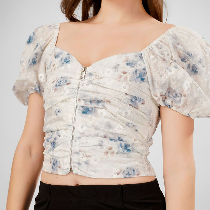 FLORAL PRINT CENTER ZIP CROP TOP