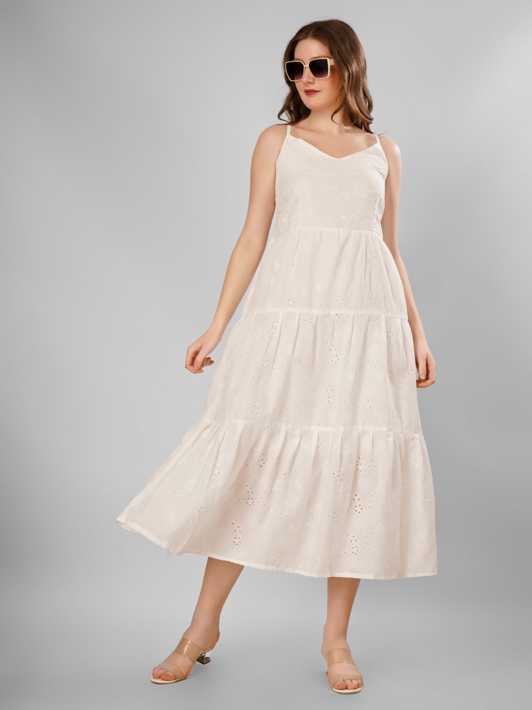 SCHIFFLI EBROIDERED STRAPPY MIDI DRESS
