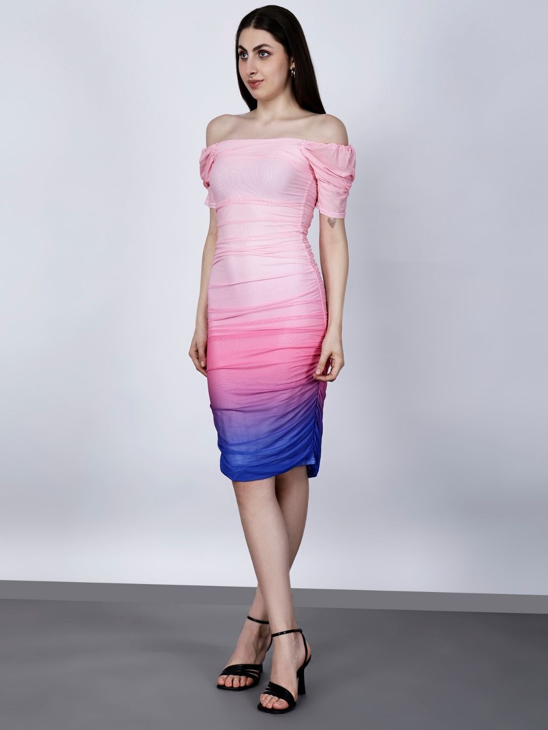 GRADIENT RUCHED COCKTAIL MIDI DRESS