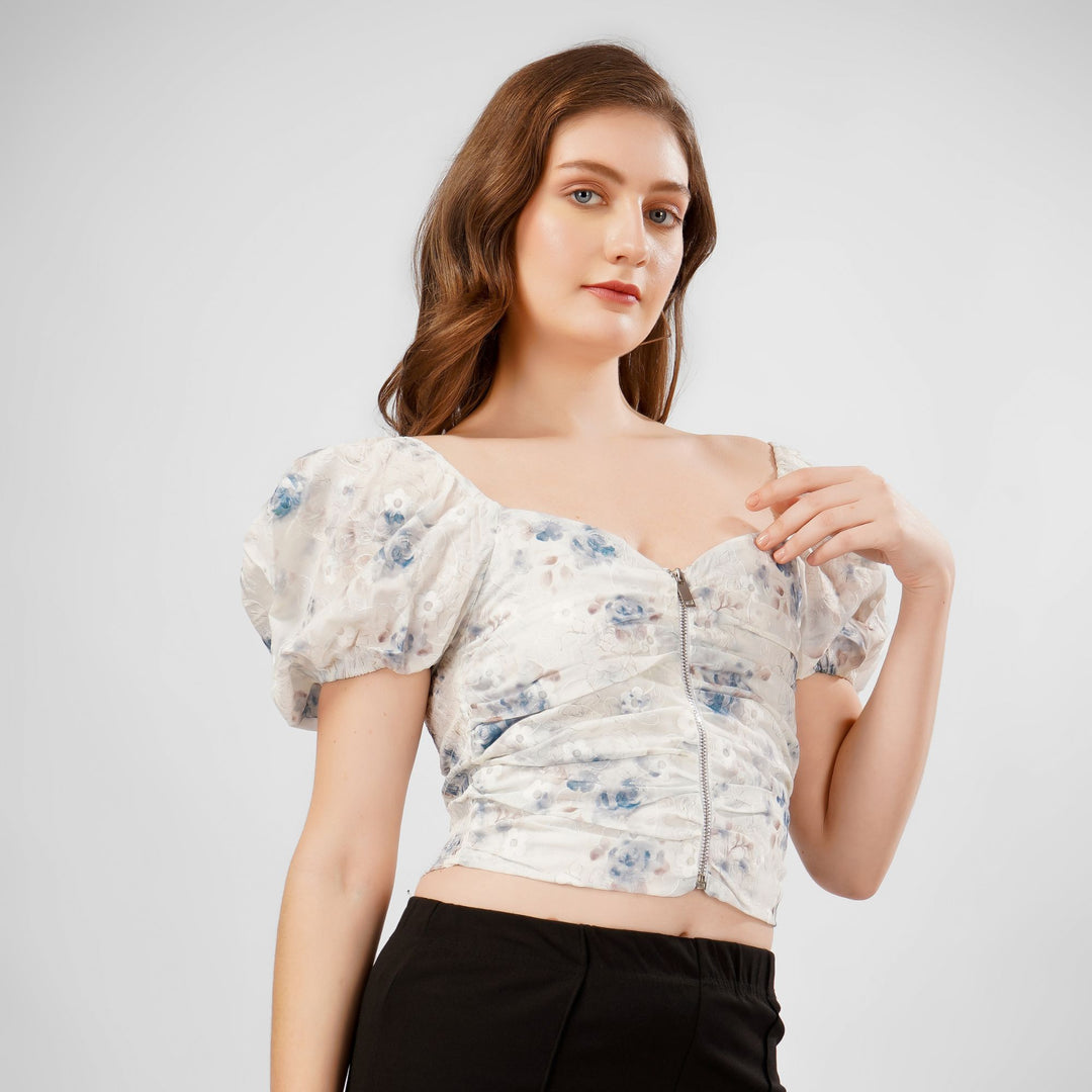FLORAL PRINT CENTER ZIP CROP TOP