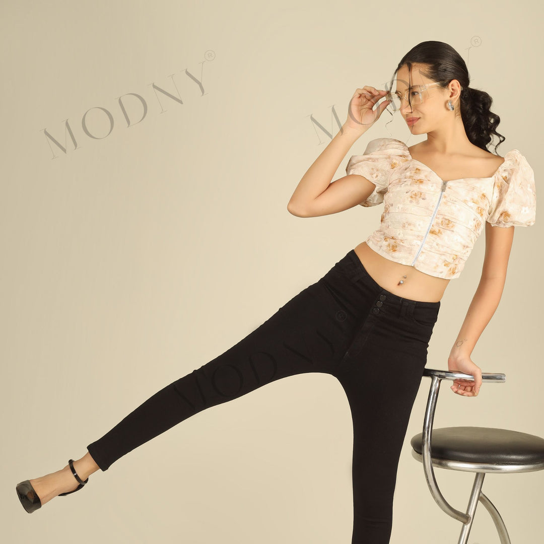 FLORAL PRINT CENTER ZIP CROP TOP