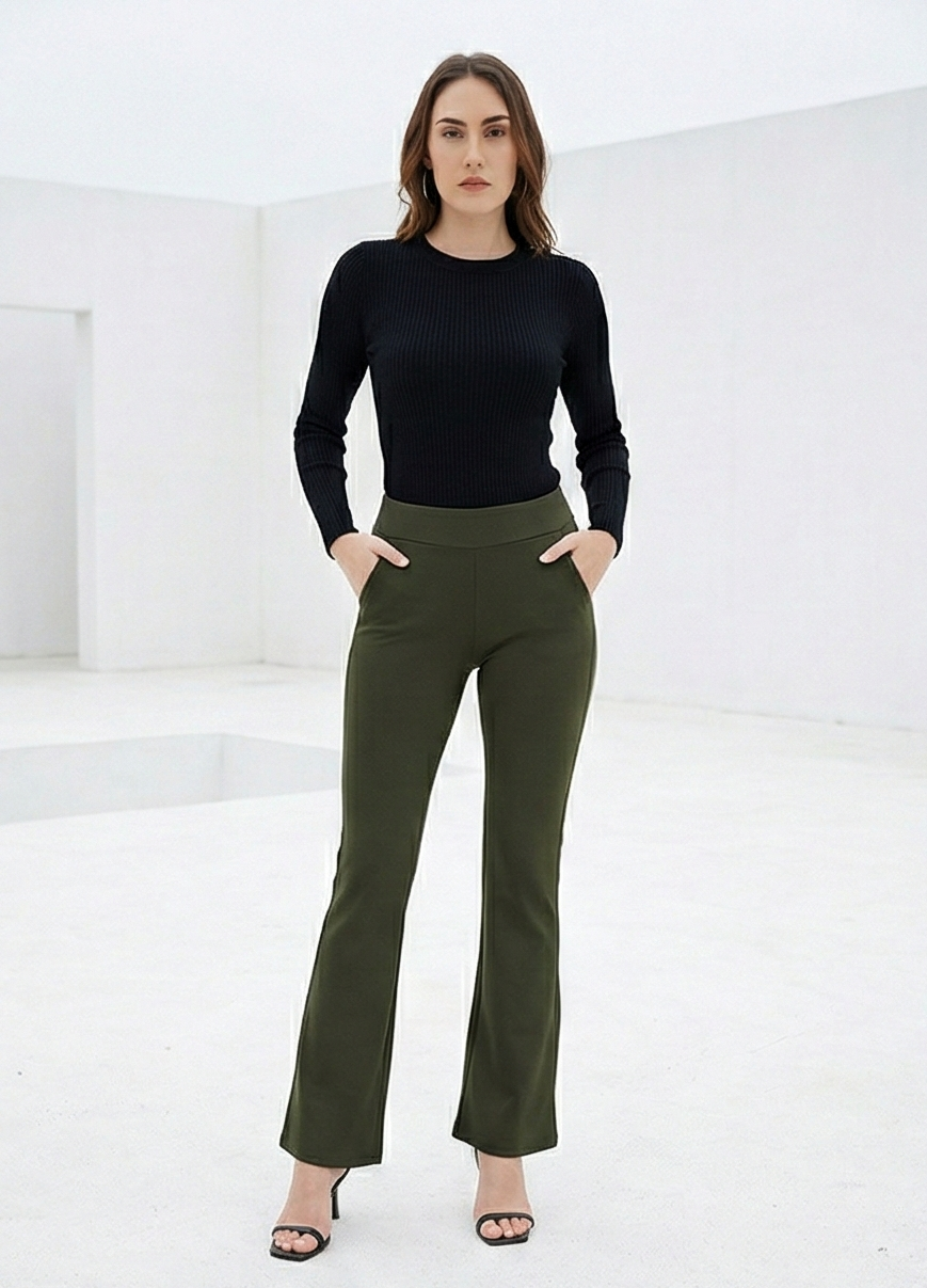 URBAN CONTOUR BELL BOTTOM HIGH WAIST OLIVE GREEN TROUSER