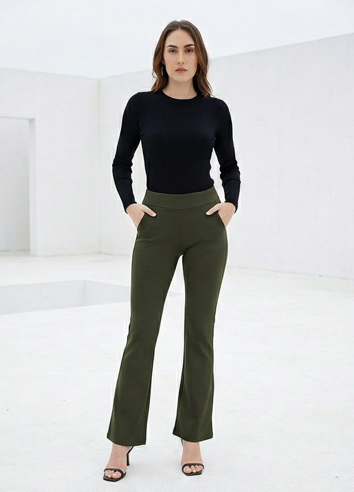 URBAN CONTOUR BELL BOTTOM HIGH WAIST OLIVE GREEN TROUSER