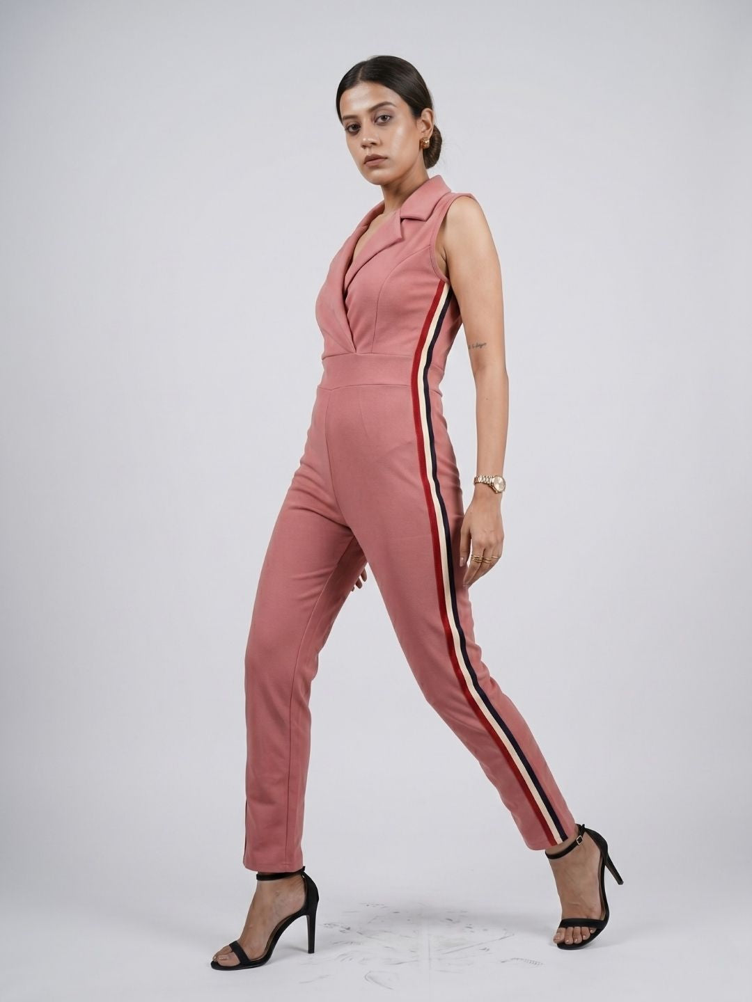 SIDE STRIPED JUMPSUIT PEACH