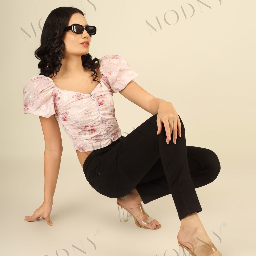 FLORAL PRINT CENTER ZIP CROP TOP