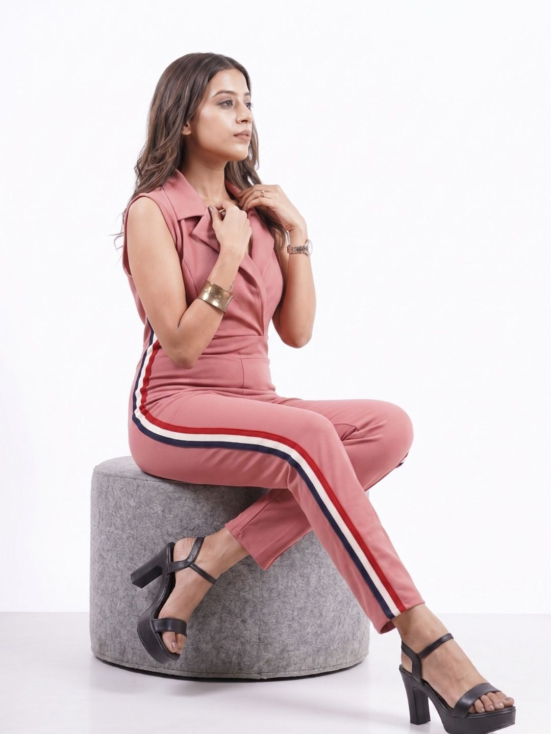 SIDE STRIPED JUMPSUIT PEACH