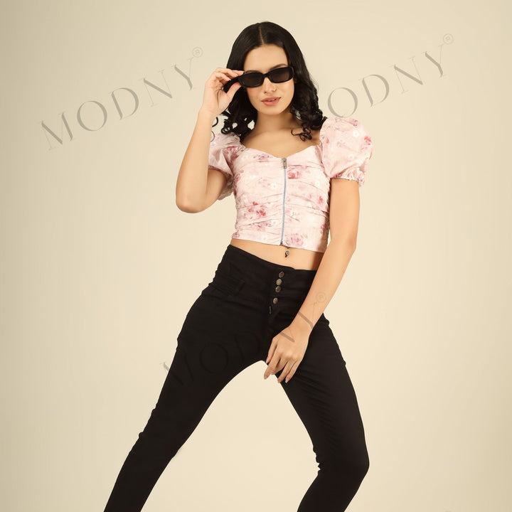 FLORAL PRINT CENTER ZIP CROP TOP
