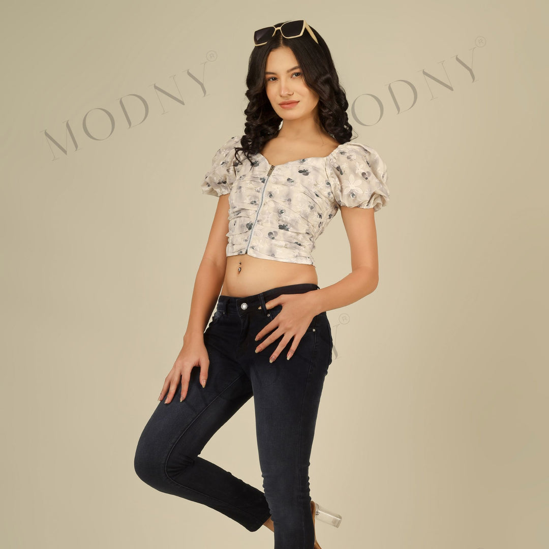 FLORAL PRINT CENTER ZIP CROP TOP