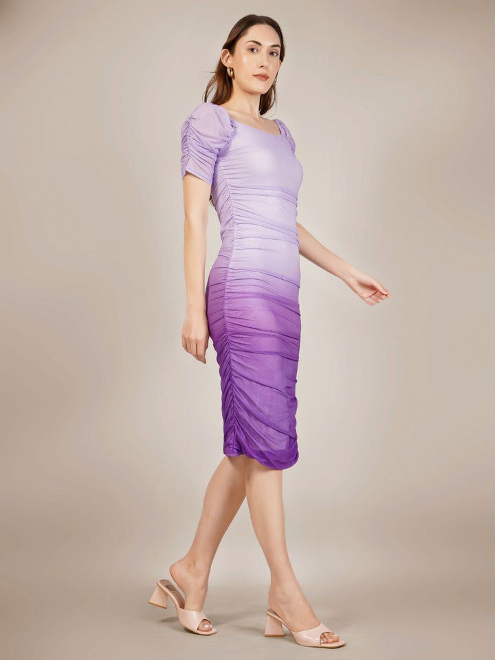 GRADIENT RUCHED COCKTAIL MIDI DRESS