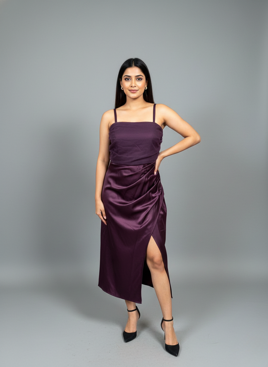 DRAPED SATIN MIDI DRESS