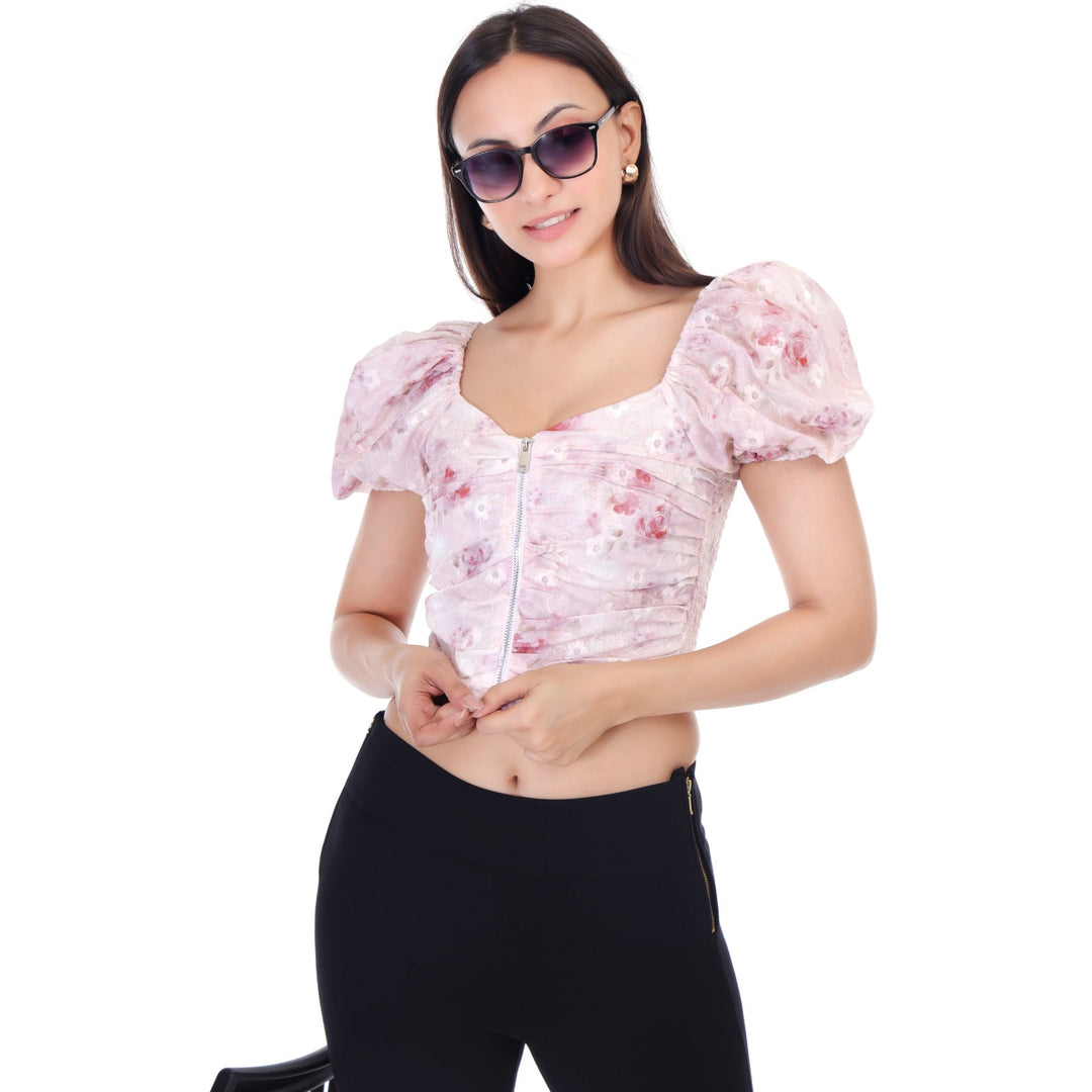 FLORAL PRINT CENTER ZIP CROP TOP