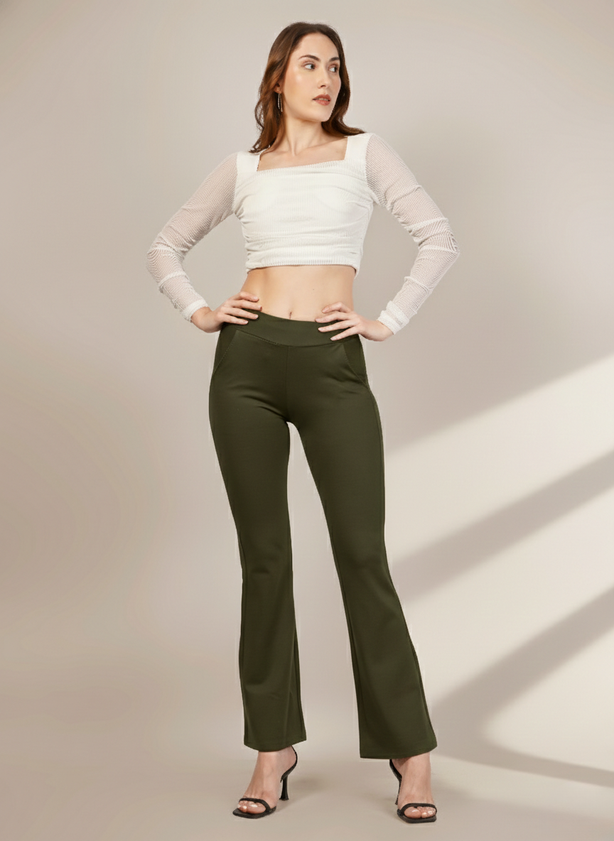 URBAN CONTOUR BELL BOTTOM HIGH WAIST OLIVE GREEN TROUSER