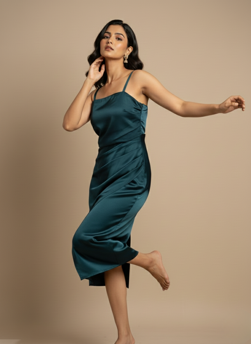 DRAPED SATIN MIDI DRESS