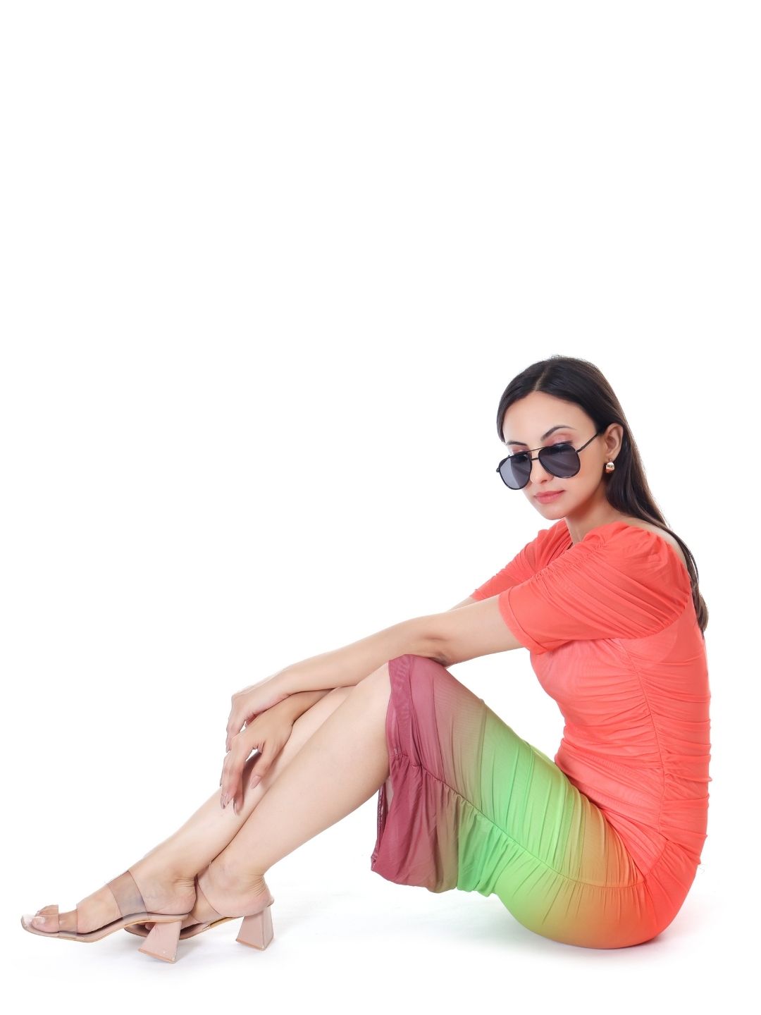 GRADIENT RUCHED COCKTAIL MIDI DRESS