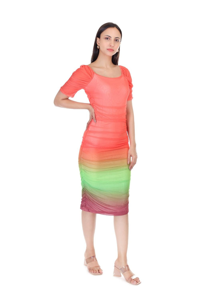 GRADIENT RUCHED COCKTAIL MIDI DRESS
