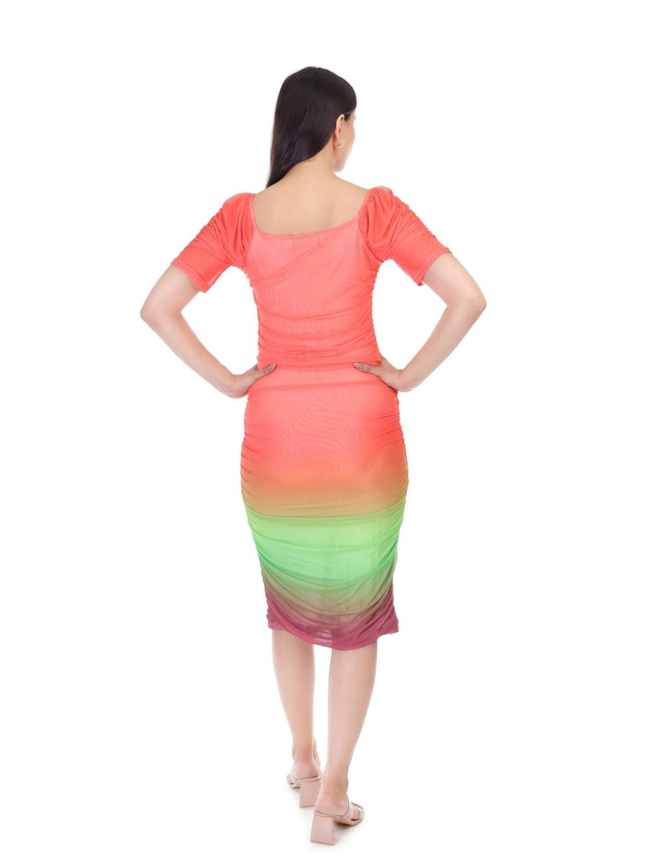 GRADIENT RUCHED COCKTAIL MIDI DRESS