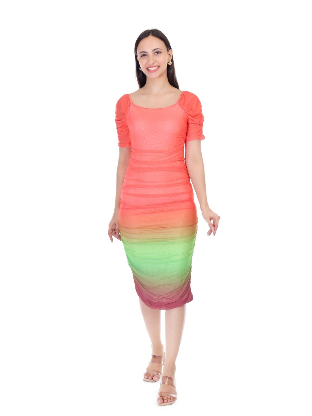 GRADIENT RUCHED COCKTAIL MIDI DRESS