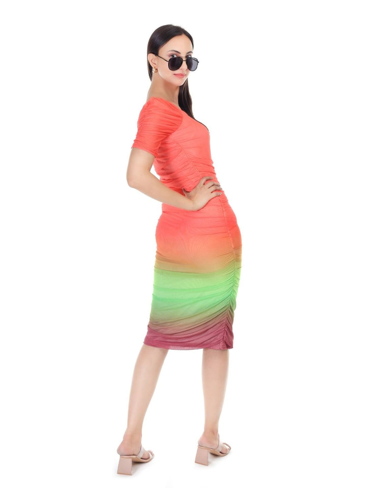 GRADIENT RUCHED COCKTAIL MIDI DRESS