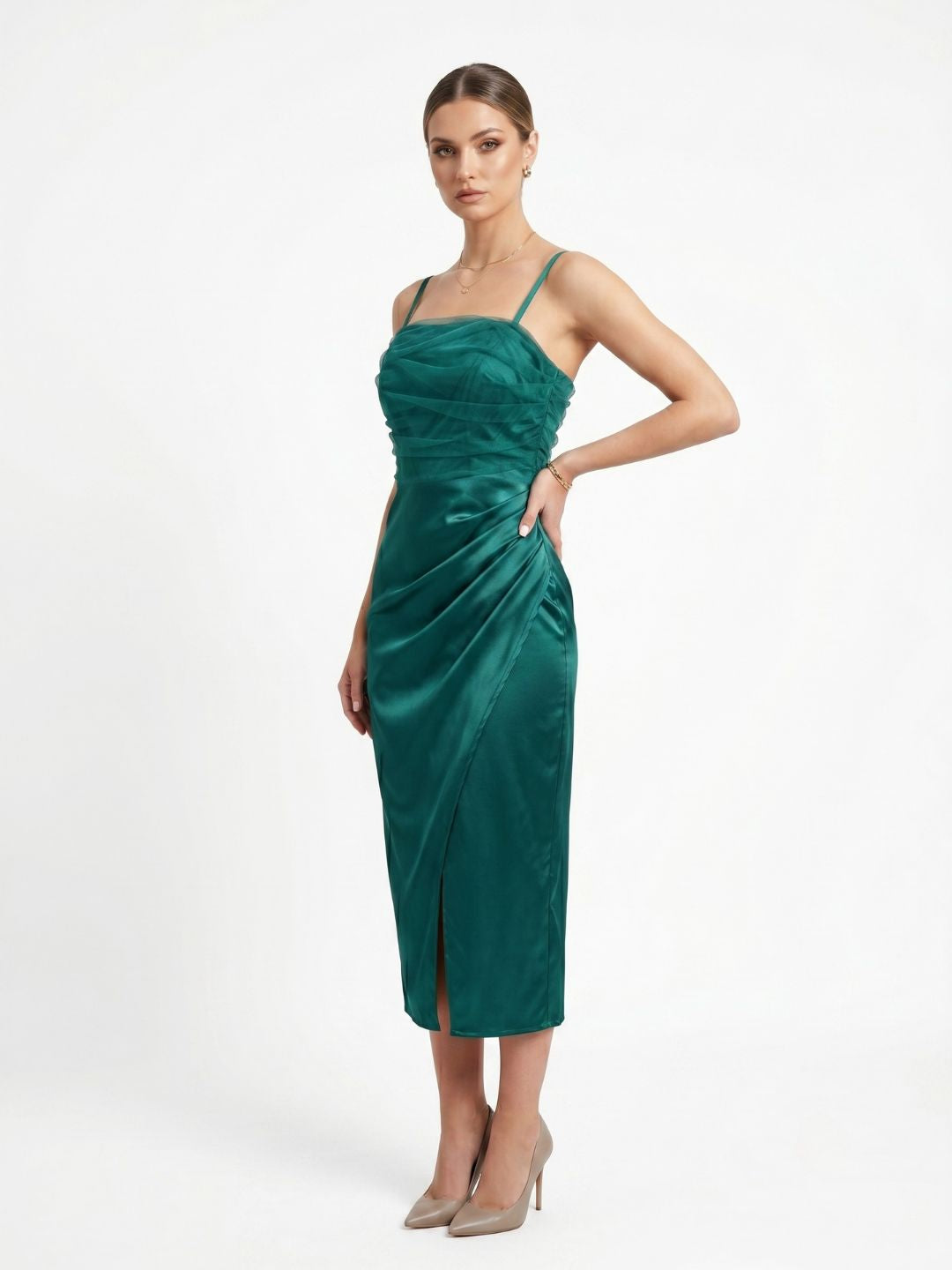 SATIN STRAPPY MIDI DRESS