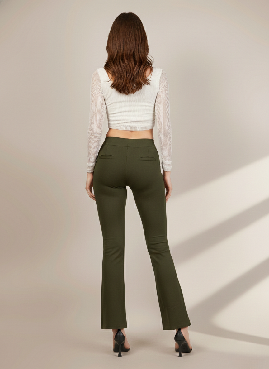 URBAN CONTOUR BELL BOTTOM HIGH WAIST OLIVE GREEN TROUSER
