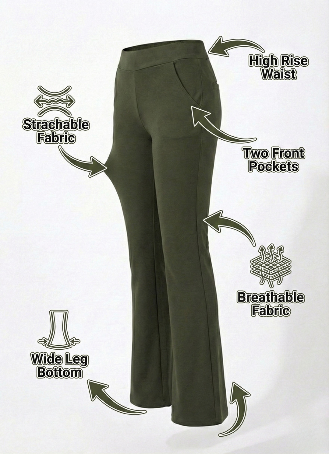 URBAN CONTOUR BELL BOTTOM HIGH WAIST OLIVE GREEN TROUSER