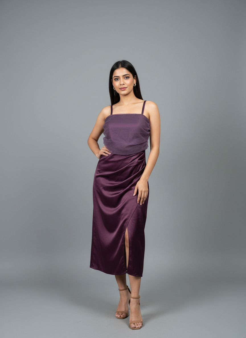 DRAPED SATIN MIDI DRESS