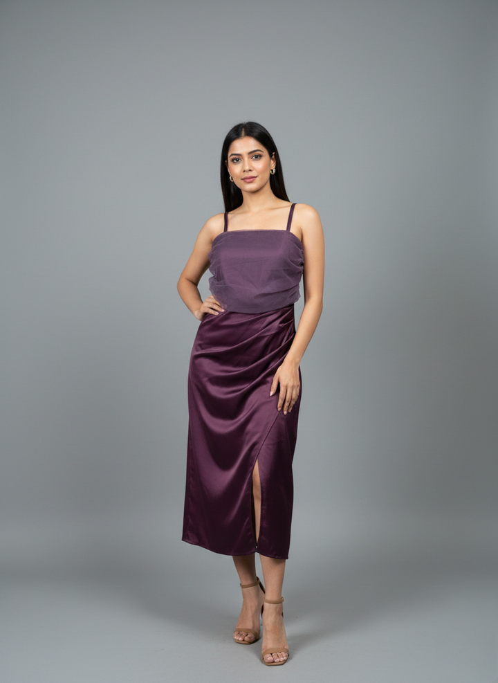 DRAPED SATIN MIDI DRESS