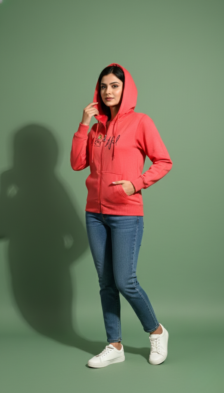 Multi Print Red Zipper Hoodie