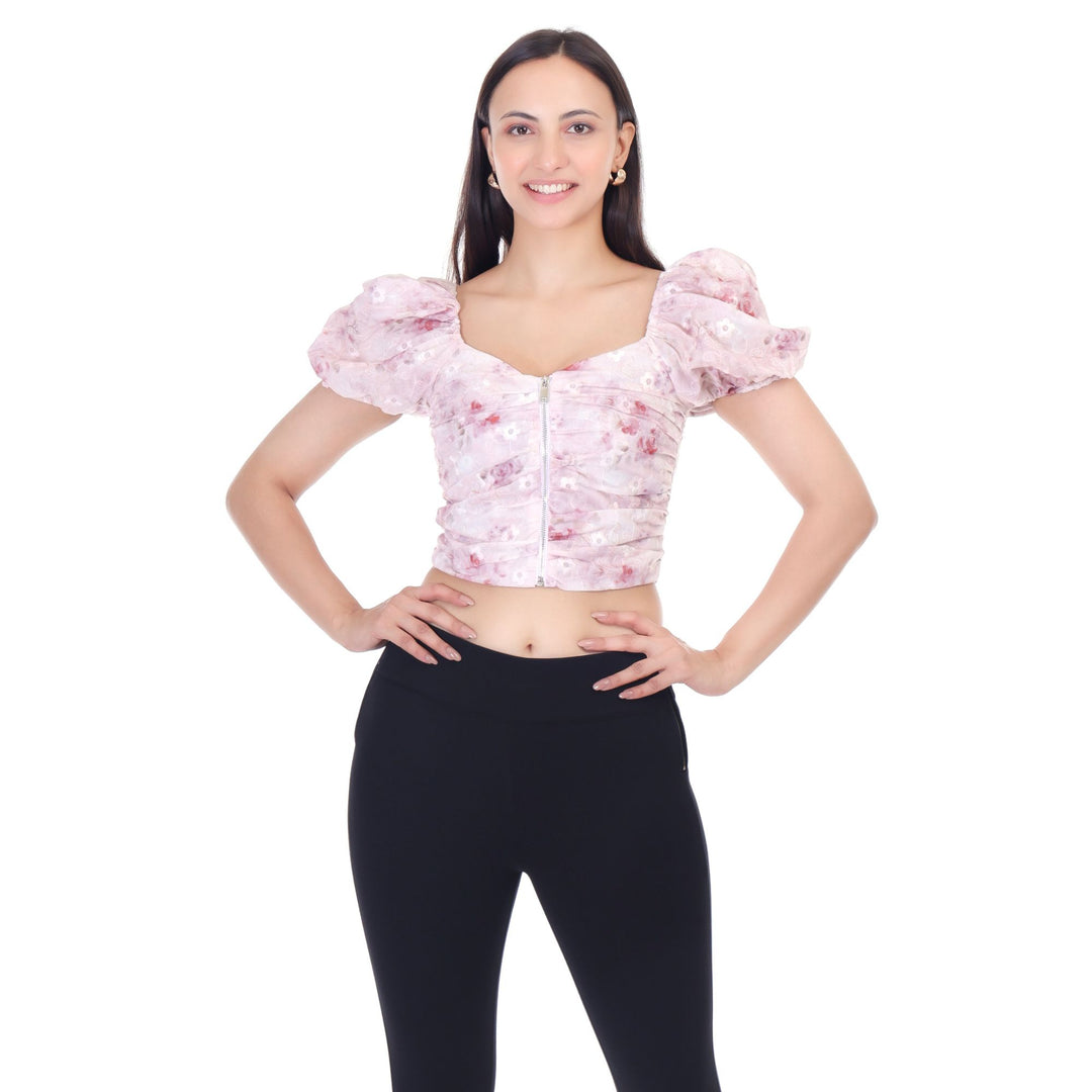 FLORAL PRINT CENTER ZIP CROP TOP