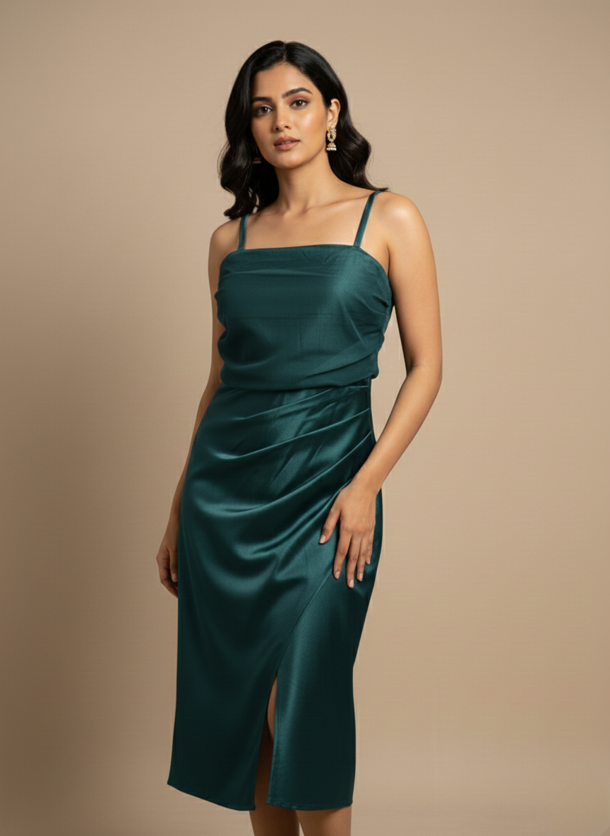 DRAPED SATIN MIDI DRESS