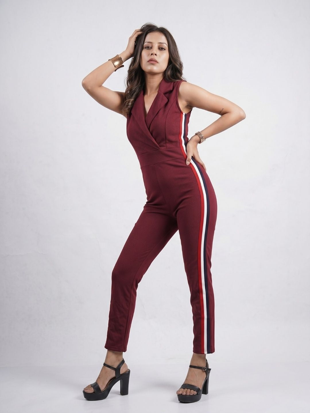 SIDE STRIPED JUMPSUIT WINE