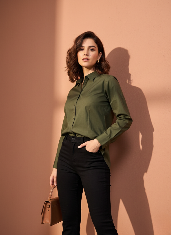 OLIVE GREEN CLASSIC COTTON LONG-SLEEVE FORMAL SHIRT